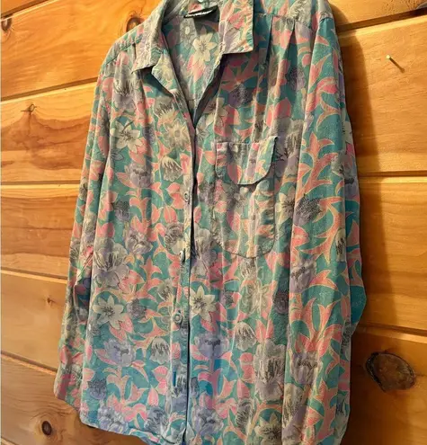 Diane Gilman Pink and Green Button Down Shirt Floral Design 100% silk