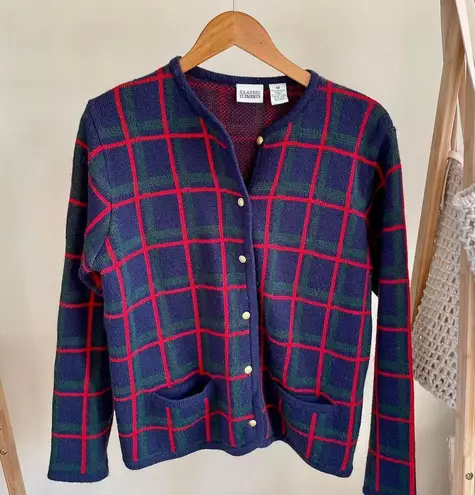 Vintage Plaid Gold Button Cardigan Sweater in Navy/Red/Green Blue Size M