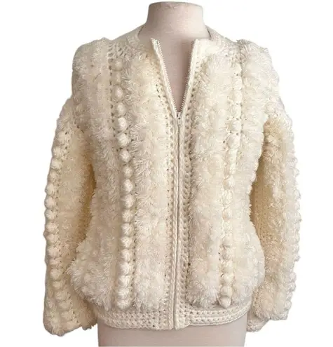 Vintage Chunky Knit Cardigan Coat Jacket Pom Pom Crochet S Small White