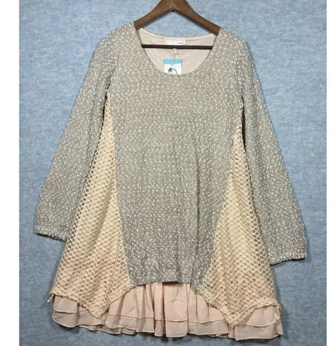 A'Reve Women’s Dress Sz L Sweater Ruffle Boho Hippie Ruffle Crochet Tan Size L