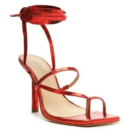 Schutz Lily Metallic Crocodile-Embossed Leather Sandal Red Women's Size 7.5 B
