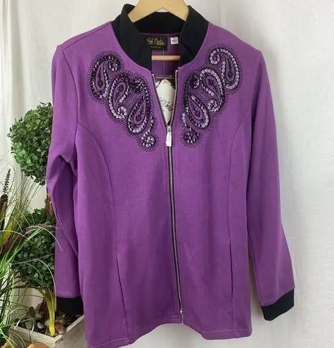 Bob Mackie  Purple & Black Sequins Embellished Knit Long Sleeve Sweater M NEW