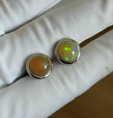 Brand New Natural Opal 9K Solid White Gold Sphere Bezel Settings Earrings/Studs Multiple