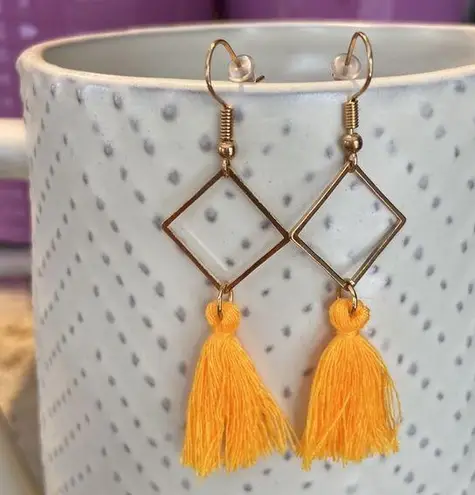 NEW! BOHO Rose Gold Geometric and Yellow Fringe Tassel Earrings