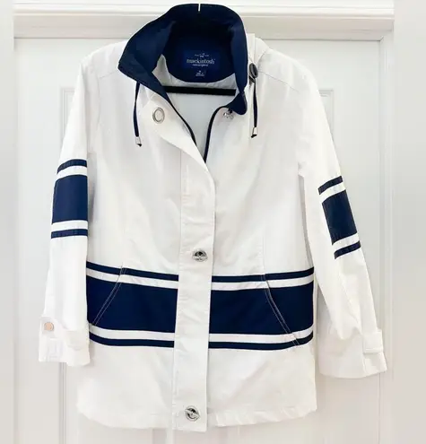 Mackintosh New England Poplin Nautical Rain Jacket Blue White Striped Medium