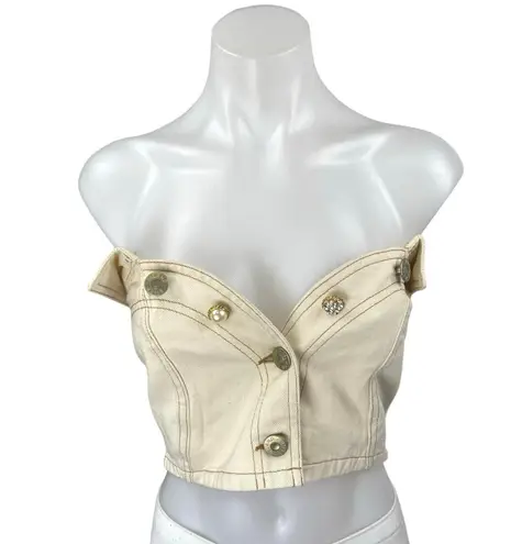 River Island Cream Jeweled Rhinestone Button Denim Corset Bandeau Crop Top Sz 10