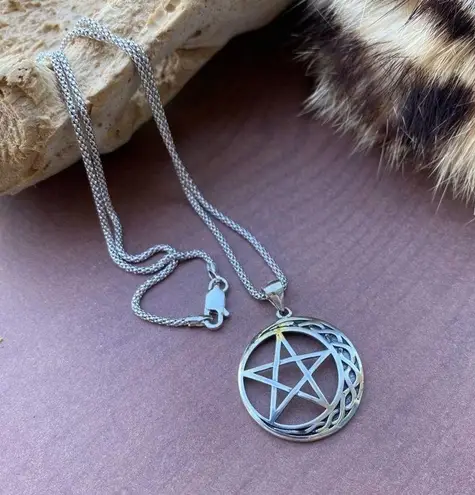 Crescent Celtic Moon And Star Sterling Silver Necklace Popcorn Chain