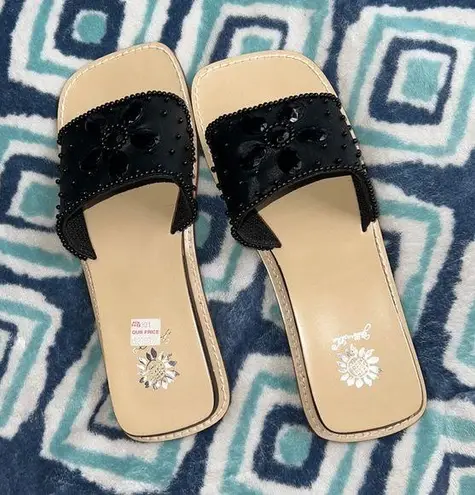 Yellow Box Black Jeweled Chunky Sandal