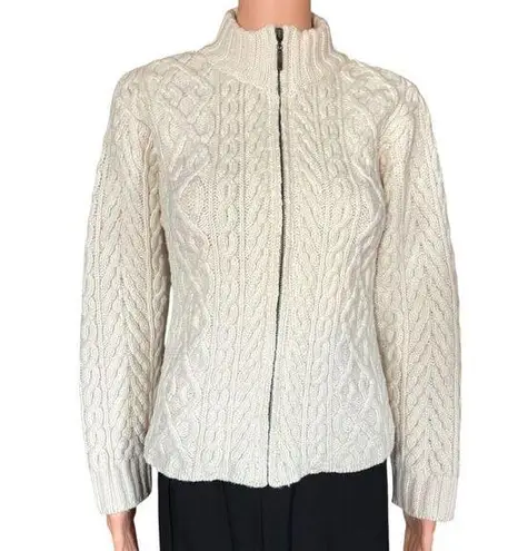 Inis Crafts Ireland Size S Ivory 100% Merino Wool Chunky Cable Knit Zip Cardigan