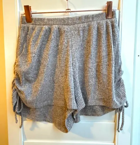 Gaze Ribbed Knit Shorts with Ruched Tie Sides in Heathered Grey Beige size XS Tan