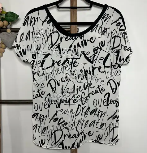 Joseph Ribkoff Short Sleeve Black White Sequin Graffiti Print Tee Size 4