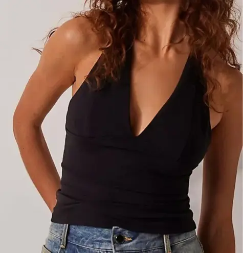 FP FREE PEOPLE INTIMATELY Still Here Halter Top Knit Deep V Black NWT Medium