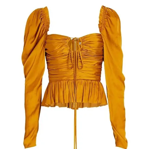 Ulla Johnson Mirelle Plisse Satin Peplum Mustard Long Sleeve Ruched blouse NEW