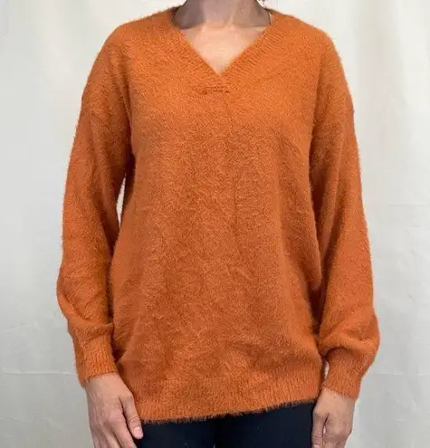White Birch Women's Oversized Fit Fuzzy V Neck Sweater Burnt Orange M Med Medium