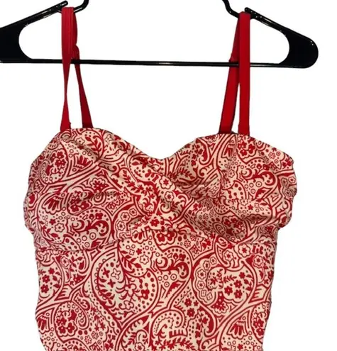 Boden Red & White Paisley Ruched Tied Sides Summer Tankini Top Women Sz 10