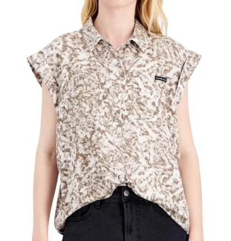 NWT Calvin Klein Jeans Tencel Button Modest Collared Sleeveless Top Snakeskin 3X Gray