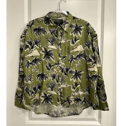 Tahari Women's 100% Linen Shirt M Palm Tree Island Print Green Black Button-Up