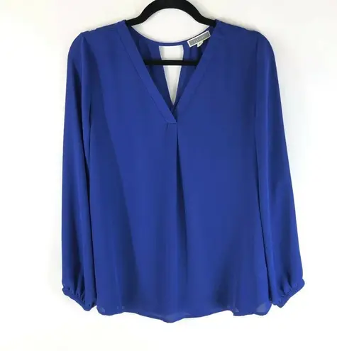 Pleione Womens Top Popover Blouse V Neck Keyhole Back Long Sleeve Blue S