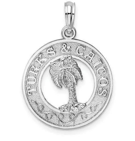 Sterling Silver Textured Turks and Caicos with Palm Tree Pendant