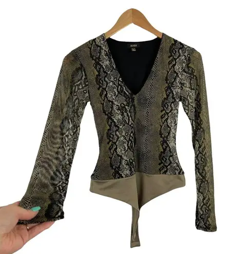 AFRM Womens Size XS Jane Mesh Sleeve Thong Bodysuit in Olive Snakeskin Print