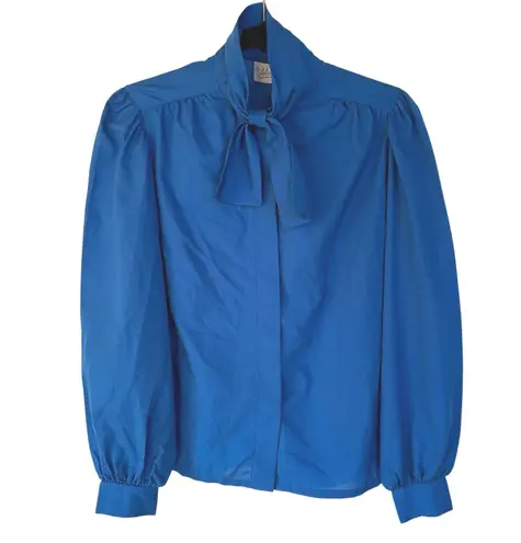 Vintage Royal Blue Office Blouse Prairie Modest Classic Career Western Summer Size M