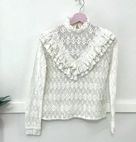 Maje Limba Open Knit High Neck Ruffle Crochet Lace Sweater Top Ecru Size 1