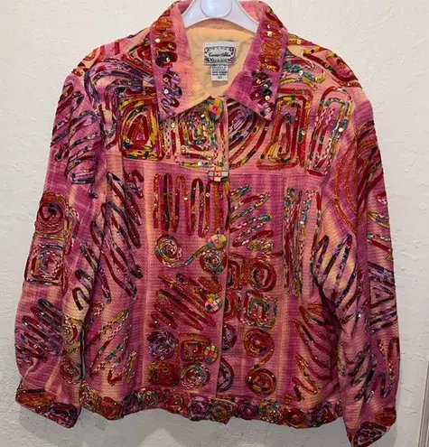 Vintage Bright Pink Ribbon and Sequin embellished Jacket multicolor wearable art Size XL