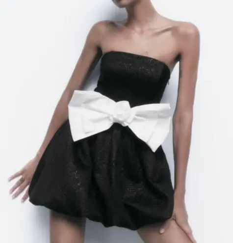 ZARA Black Jacquard Dress With Contrast Bow Party Cocktail Night Out Mini