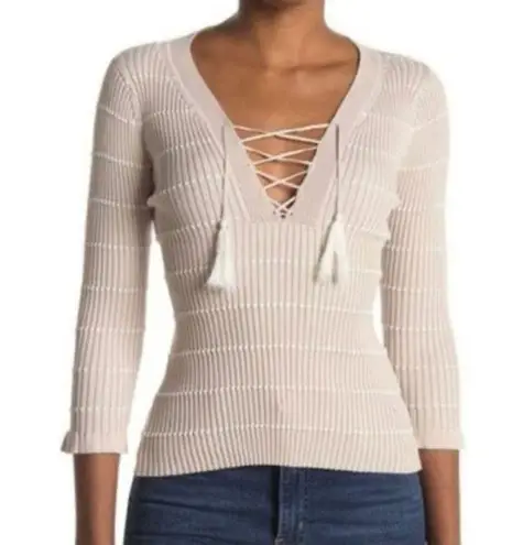 Heartloom Sweater Women XS Buff Beige Lace Up Ribbed Knit Tassel Tie Boho Casual