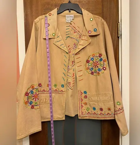 Anne Ashley Vintage Tan Open Denim Jacket Blazer Aztec Boho Embellished Plus 2X Size XXL