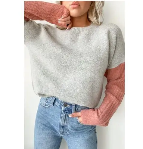 Lulus Oversized Chunky Knit Crewneck Bown Tan Striped Sweater Small Pink
