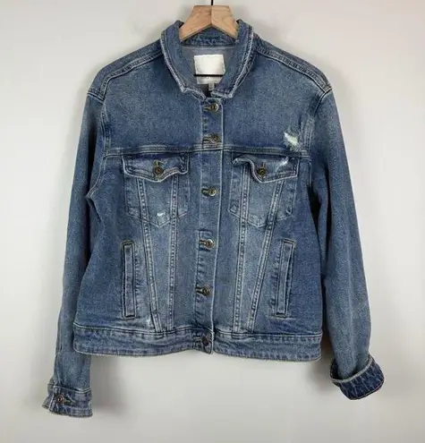 Ella Moss Denim Trucker Jacket Women Large Blue Distressed Button Front Western