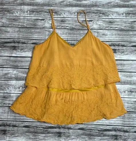 Abbeline Tiered Floral Embroidered Light Tank Top XS Extra Small Mustard Yellow