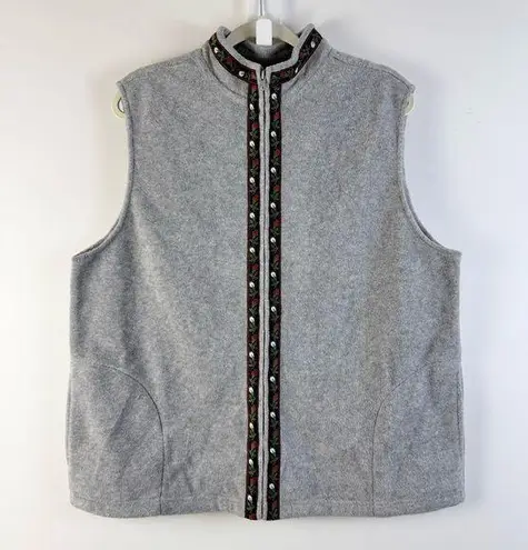 Susan Graver QVC Polar Fleece Vest Grey Floral Medium Trim Cozy Soft NWT New