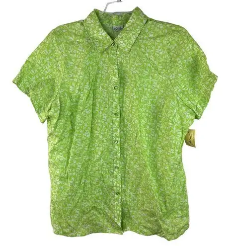 kim rogers  Women Top Shirt Sz 3X Linen Lime Green Button Up Floral Beach Coastal