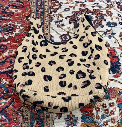 Hansel from Basel Knit Leopard Print Tote Bag Slouchy Shoulder Hobo Tan Cotton Black
