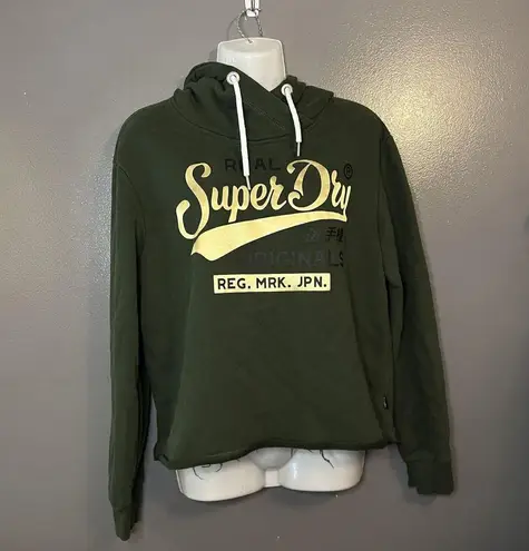 Superdry Hoodie Womens US 8 Green Cropped Fit Originals Pullover Graphic Logo