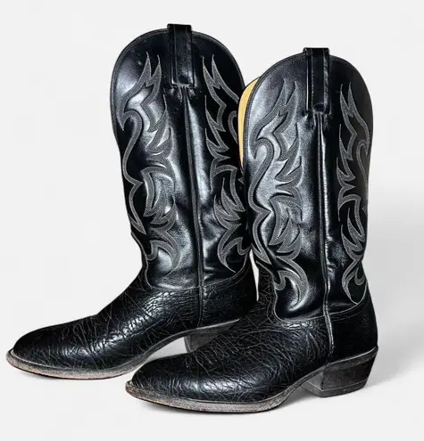 Vintage Nocona Cowboy Boots Black Leather Flame Stitch (Made in USA) Size 8.5