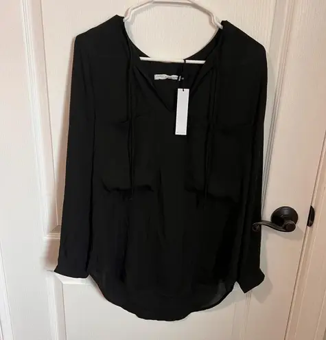 Three Eighty Two Black Long Sleeve Tie Neck Pocket Blouse Top Size XS NWT