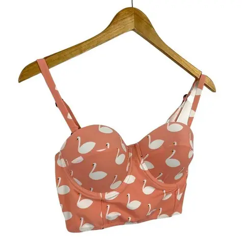 Kingdom & state Peachy Coral Swan Print Retro Longline Bikini Top Swim Top Large