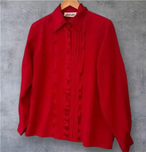 Yves St. Clair Red Ruffle Button Down Blouse Sz 8 Long Sleeve Vintage Retro