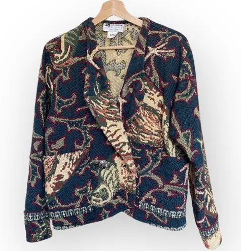 Vintage Tapestry Coat Shawl Collar Two Button E. Claire S/M Boho Artsy Western Blue Size M