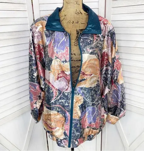 Rafael Reversible Satin Jacquard Floral Full Zip Track Jacket Multi Teal Large Purple