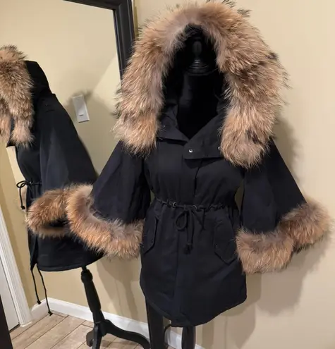 Raccoon Fur Flare Sleeve Parka Coat Jacket Winter Coat Trench Puffer Hooded Coat Black Size M