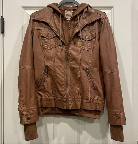 Coalition Girl Next Door Hooded Faux Leather Jacket Brown Size L