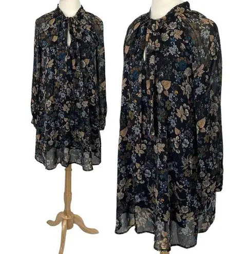 Moon River Mini Dress Tie Bow Neck Navy Allover Floral Print Womens Medium