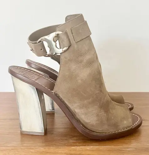 Tory Burch  Leather Gemini Link Peep Toe Block Heels Sandal Beige Women's Size 7