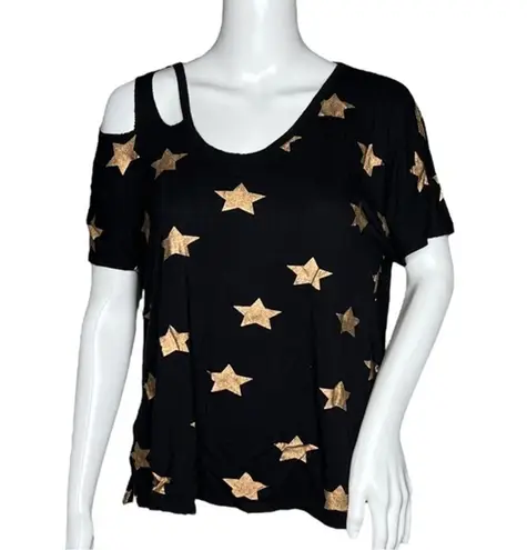 Terez Shirt Womens Small Black Gold Foil Star Print Shoulder Cutout Athleisure