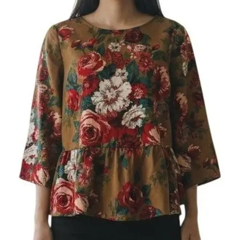 BROOKS BROTHERS Red Fleece Floral Peplum Cotton Blouse 3/4" Sleeves EUC Size 6 Brown