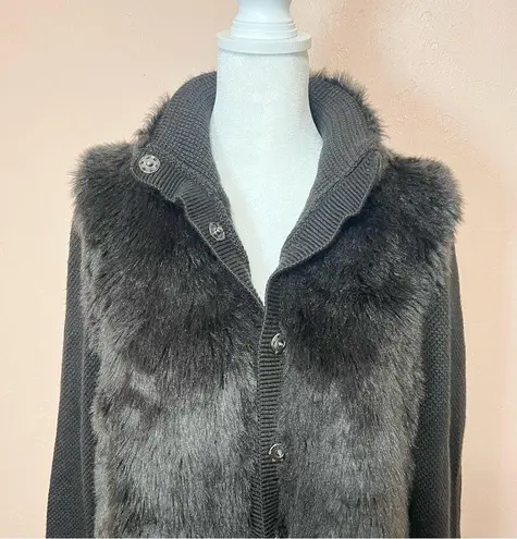 Tahari Wool Faux Fur Full Snap Long Black Mixed Media Sweater Shacket Size Small